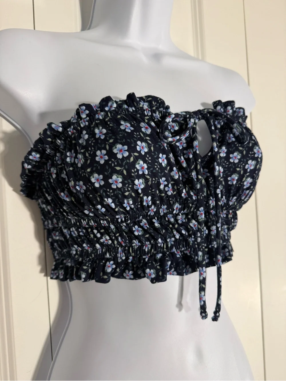 Urban Outfitters Navy Blue Floral Smocked Strapless Crop Top